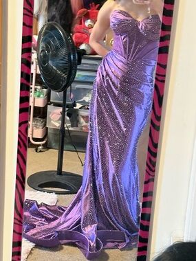 Strapless Purple Prom Gown with Rhinestone Detail